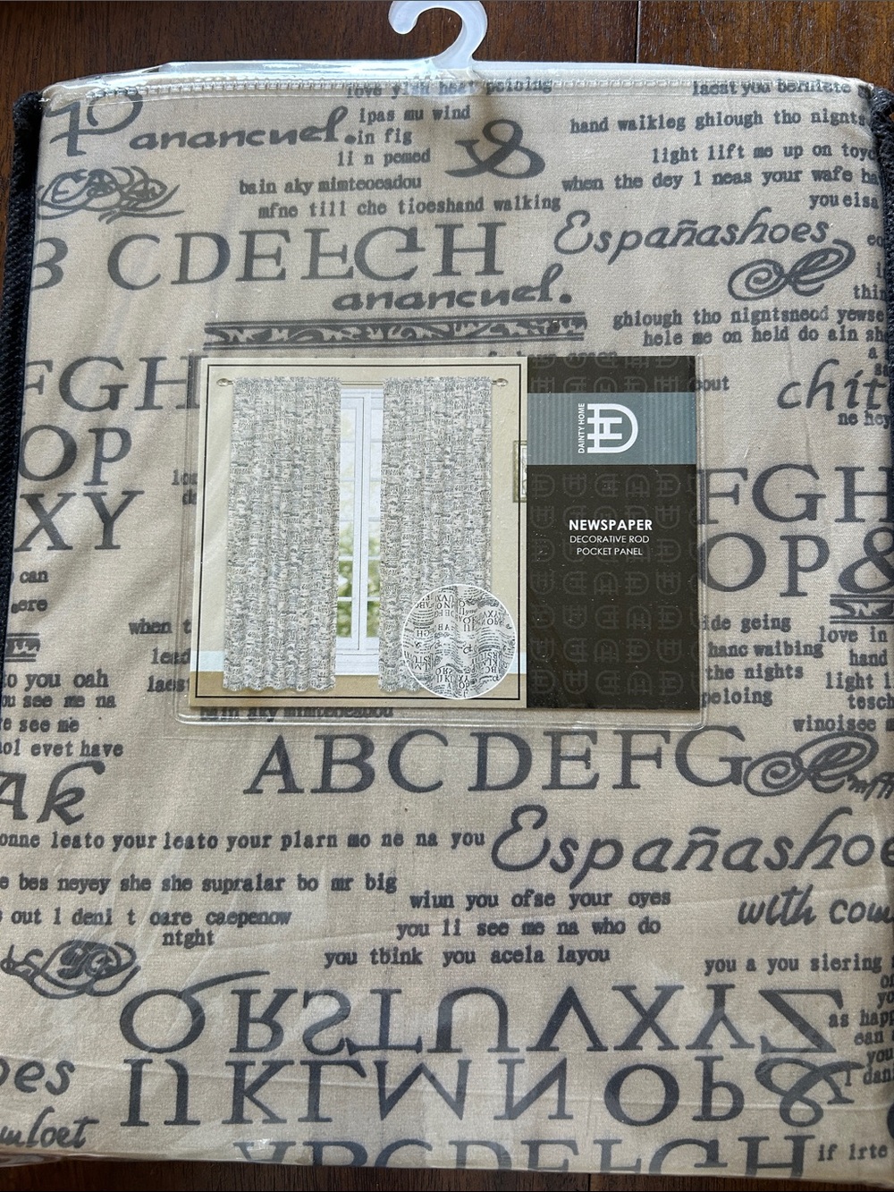 Text-Print Rod Pocket Curtain Panel Set in Beige/Gray ; each panel 54” x 84”